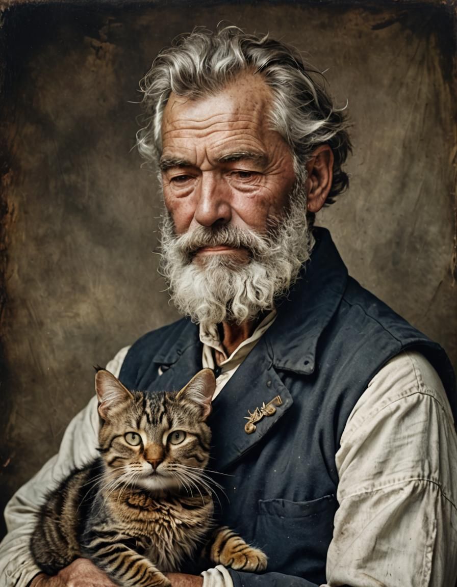 Old Sailor Portrait with Sleeping Tabby Cat