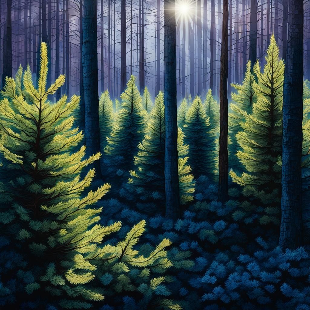 Sunlight Through Conifer Trees in Abstract Art