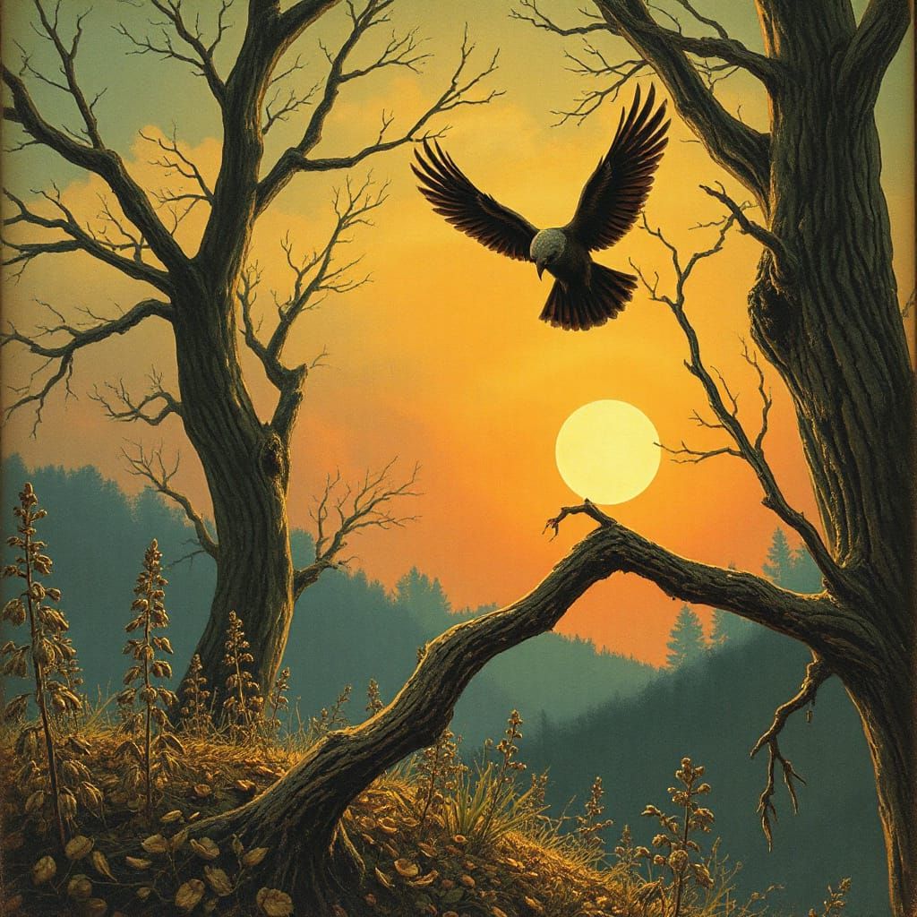 Eerie Golden Age Illustration of Dusk Beginning to Fall