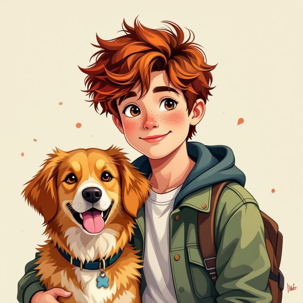 Boy with Golden Retriever, Red Hair, and Freckles