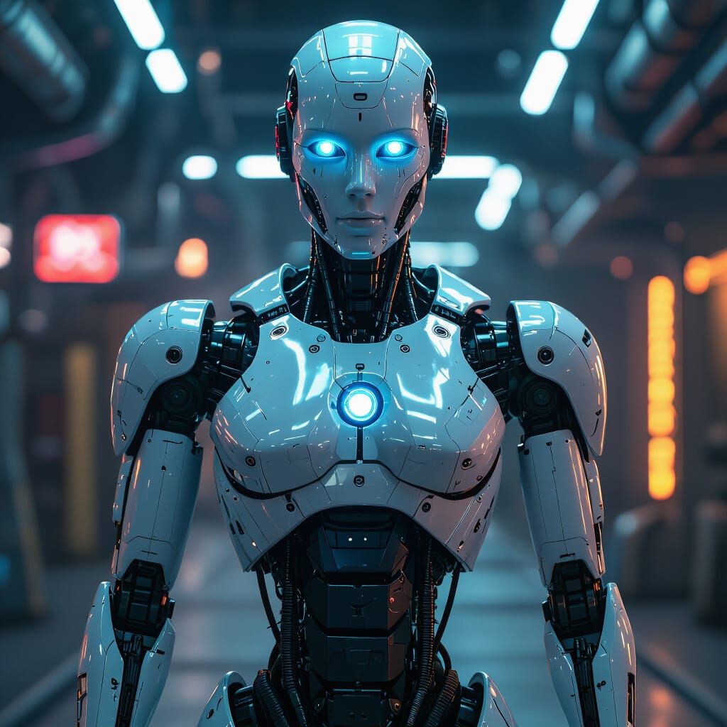 Cyberpunk Robot Robokaya in Futuristic City