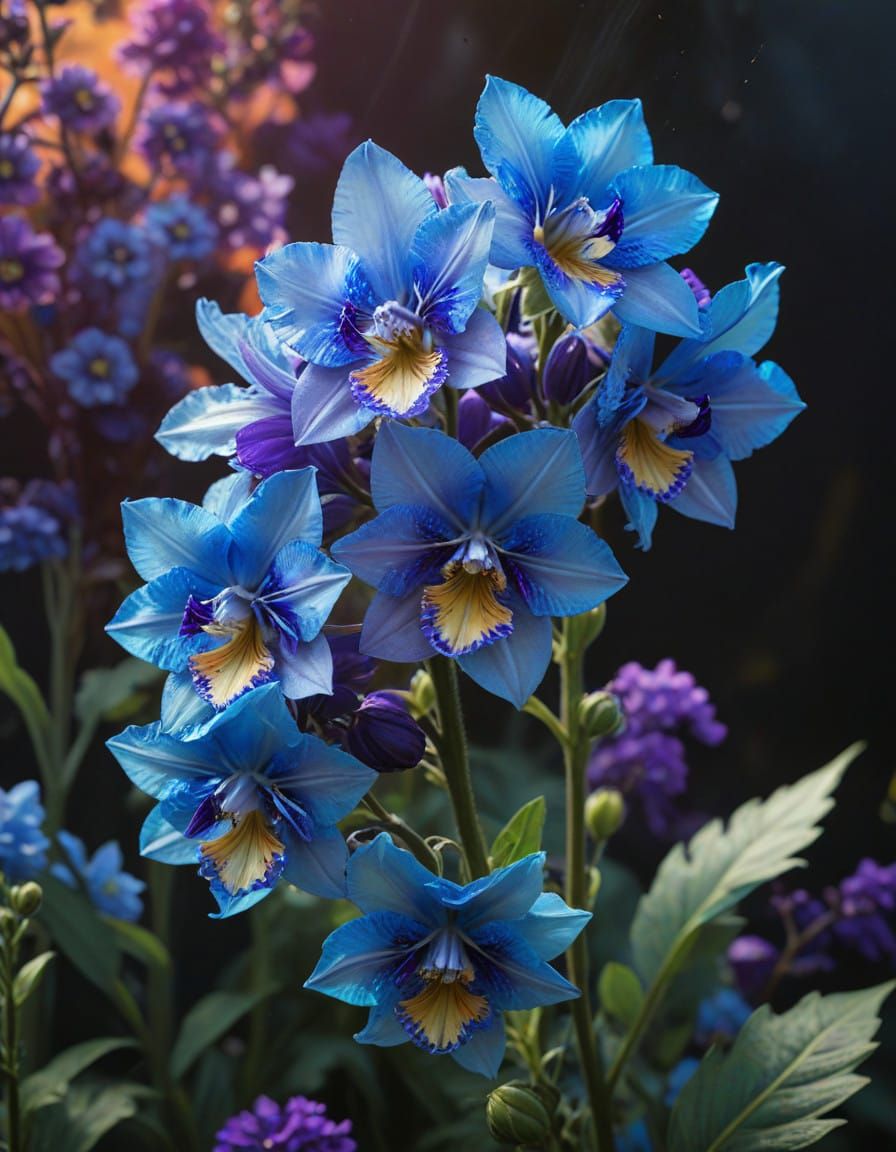 Luminous Delphiniums in Triadic Harmony