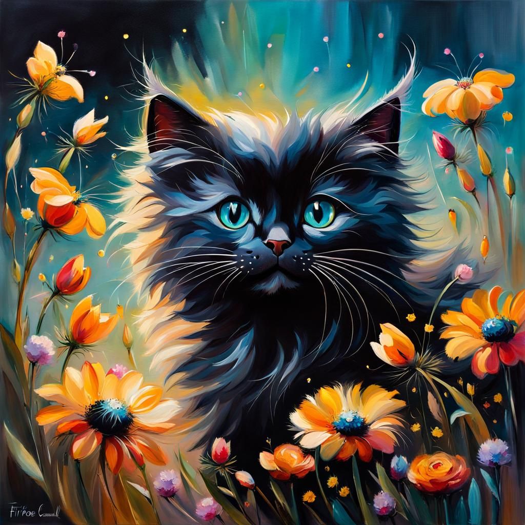 Black Cat and Kitten in Golden Hour Oil Painting