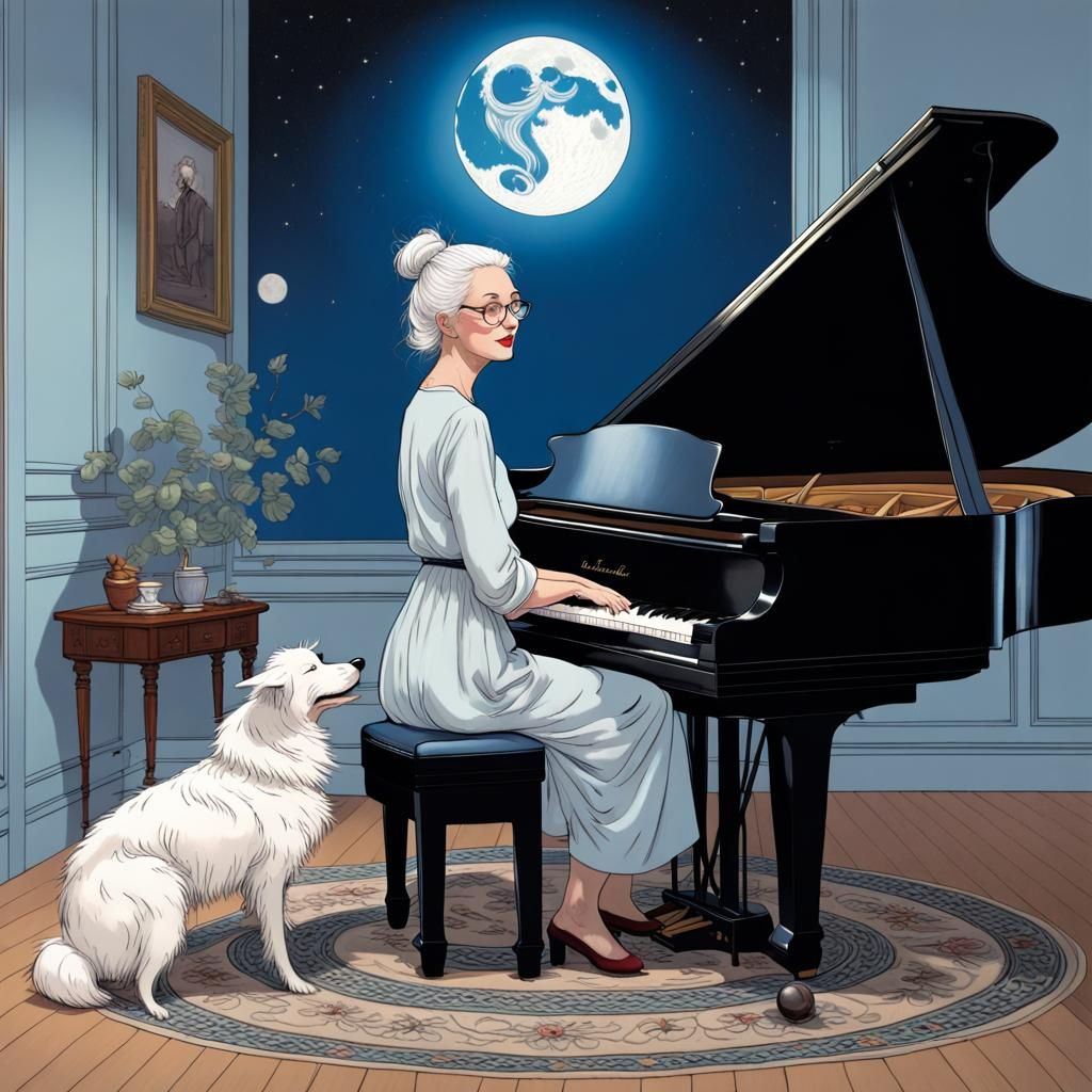 Ligne Claire Portrait: Woman Plays Piano by Moonlight