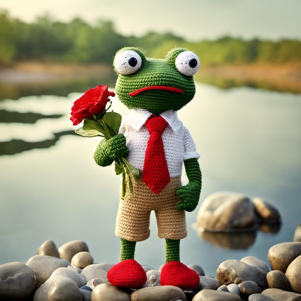 Crochet Frog Figurine with Flowers on Riverbank