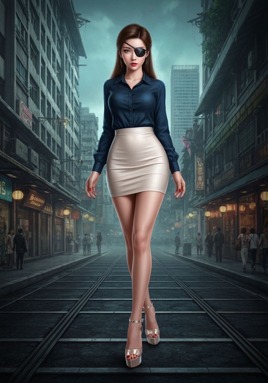 Asian Woman with Eyepatch in Hong Kong, Fantasy Concept Art