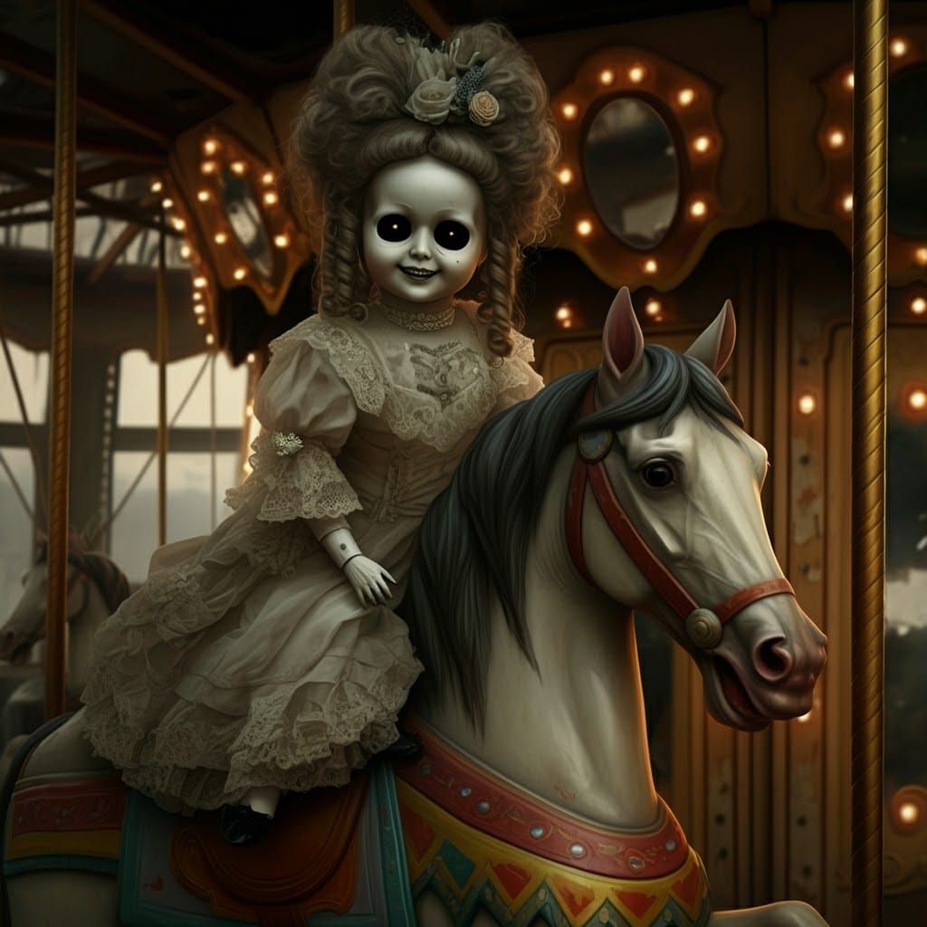 Eerie Victorian Doll on Abandoned Carousel