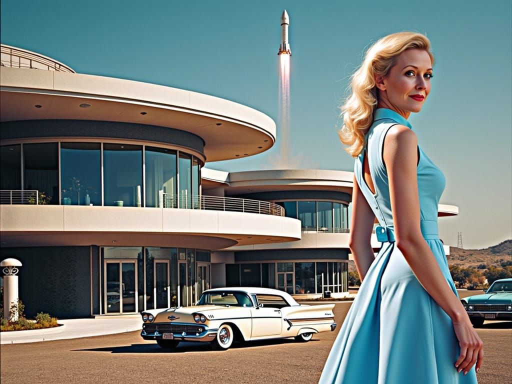 1950s Glamour: Rocket Launch in Retro Style