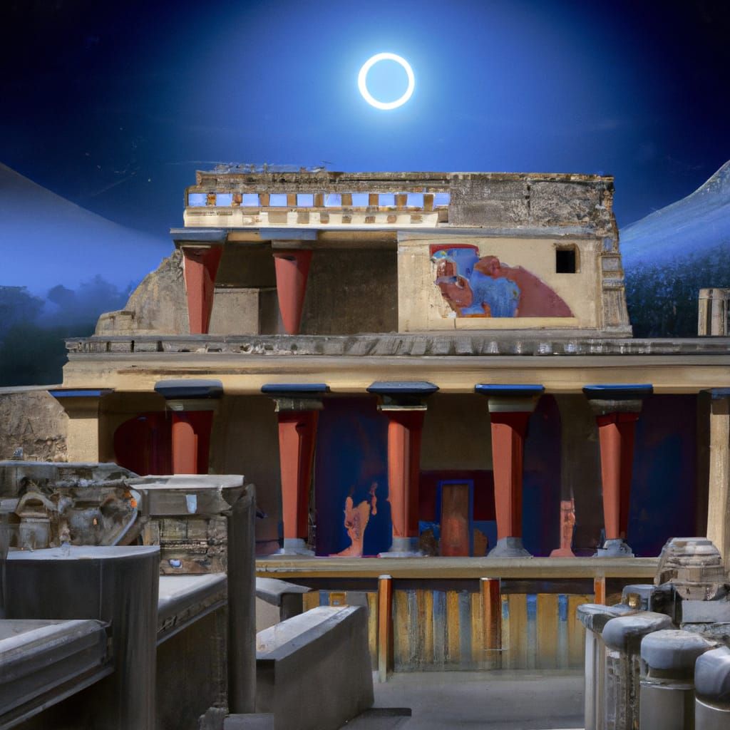 Knossos -Crete, Palace of King Minos, in a full moon 8K 3D detailed painting H.R. Giger hyperrealism photoillustration r...