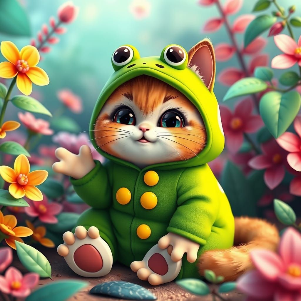 Chubby Cat in Vibrant Green Frog Onesie