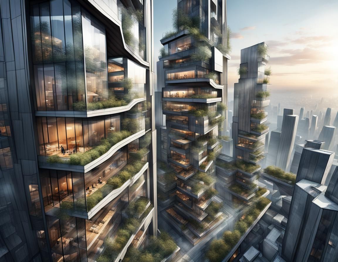 Futuristic Ecological City as Detailed Charcoal Drawing