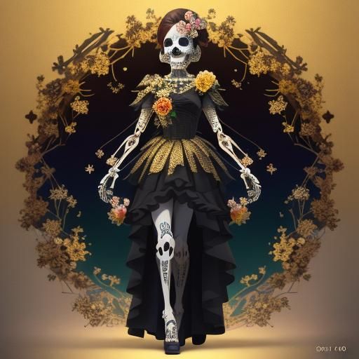 Sugar Skull Skeleton in Gold Sparkles, 3D Anime Art