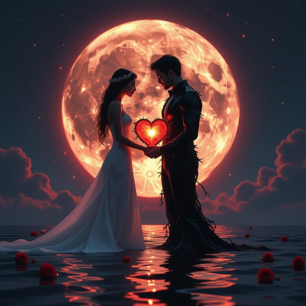 Cosmic Lovers Embrace on Shattered Moon Under Red Eclipse