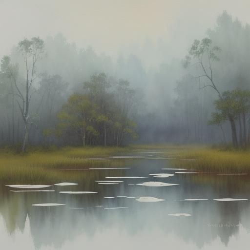 Faded Sunset Over Calm Swamp: Watercolor and Gouache