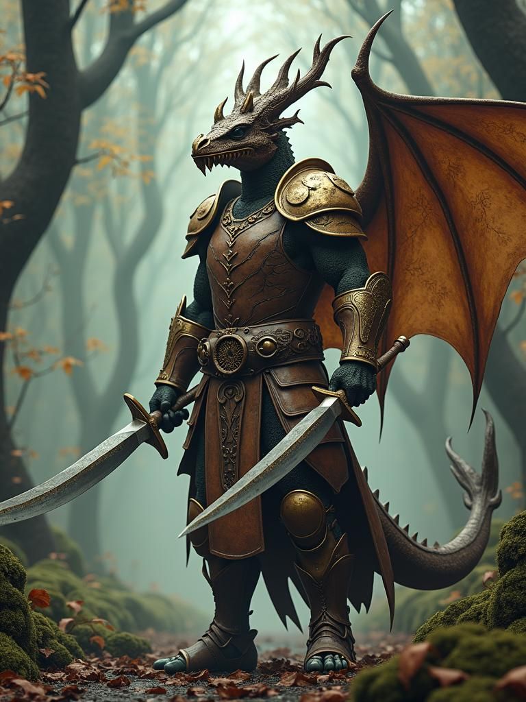 Brass Dragonborn Warrior in Mystical Forest