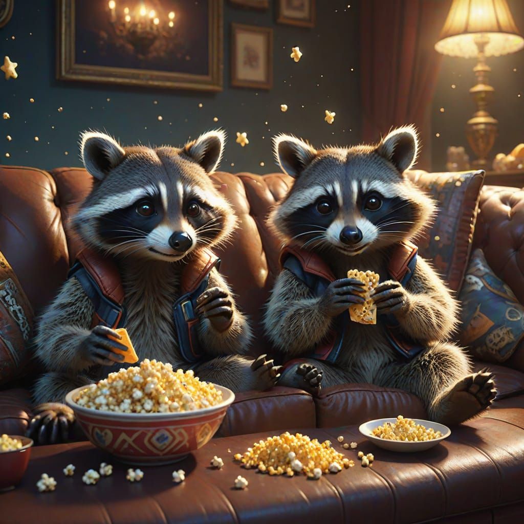 Raccoons Play Video Games on Couch in Digital Matte Painting