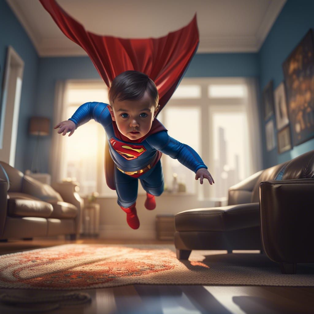 Baby Superman Flies Through Living Room: Detailed Digital Ar...
