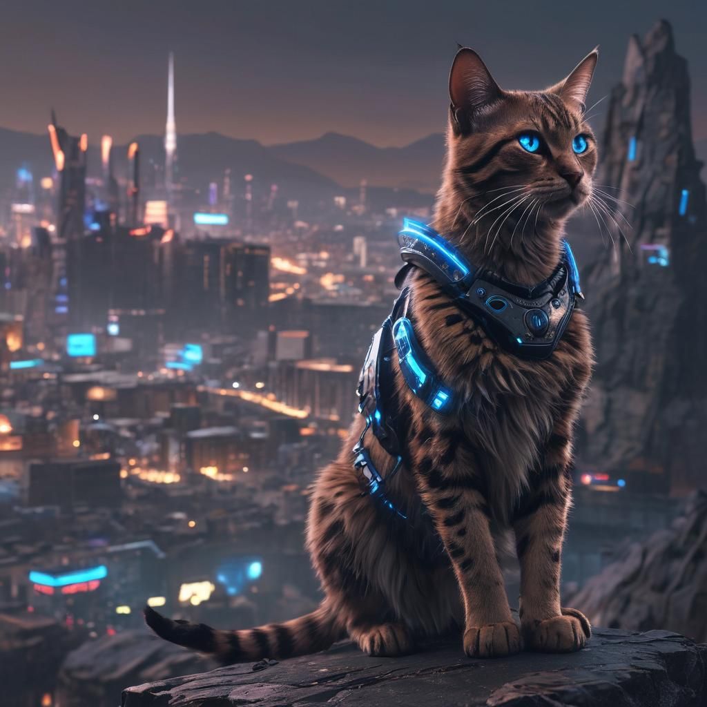 Cyberpunk Viking Cat Overlooking Futuristic City