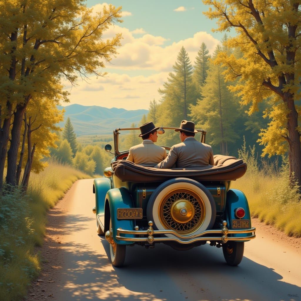 Vintage Car at Sunset in Impressionist Style