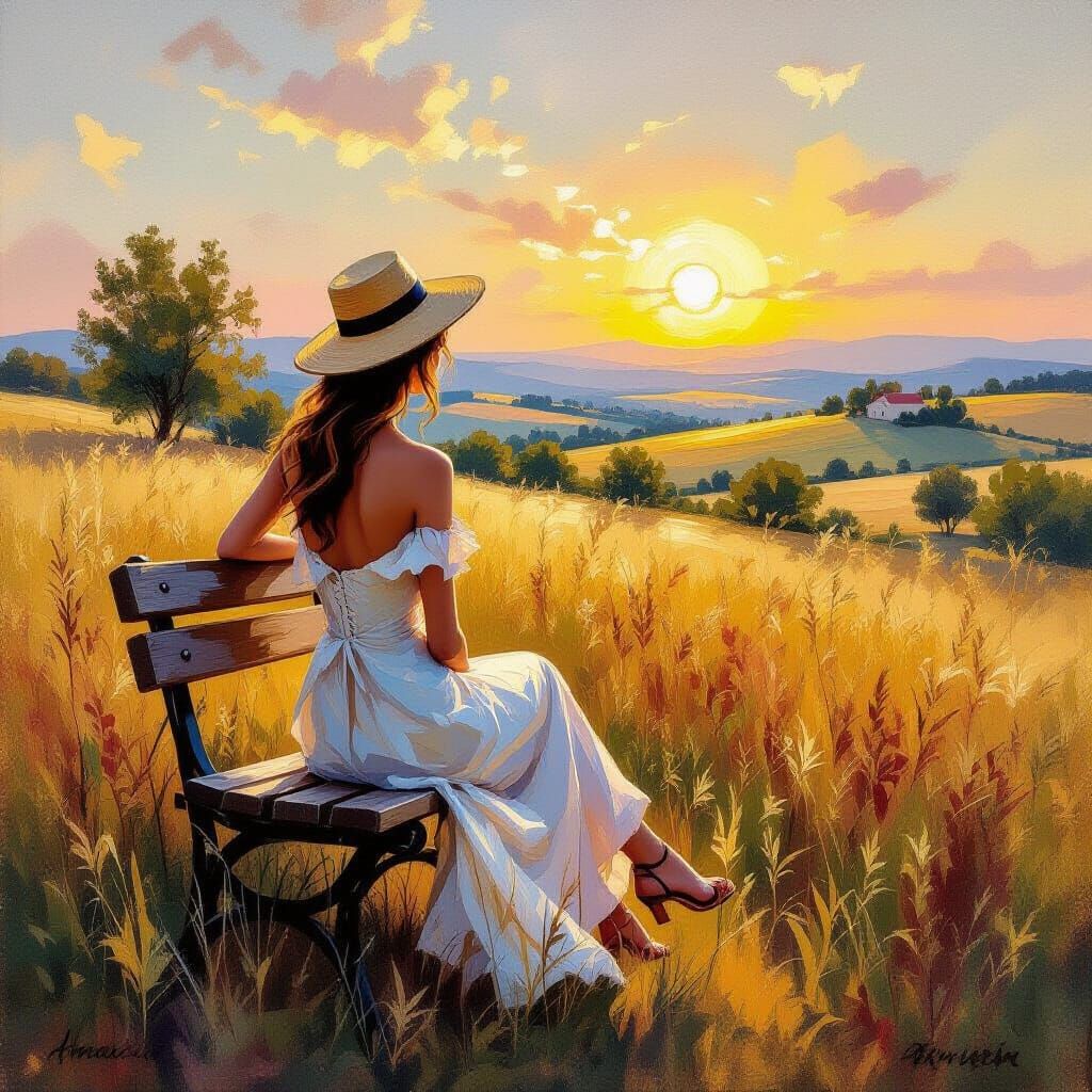 Woman Painting Outdoors at Sunset in Impasto Style