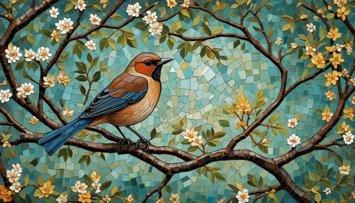 Nightingale on Branch: 3D Digital Art