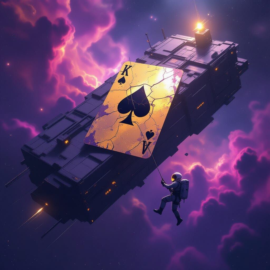 Astronaut Adrift Near Giant Playing Card Space Station