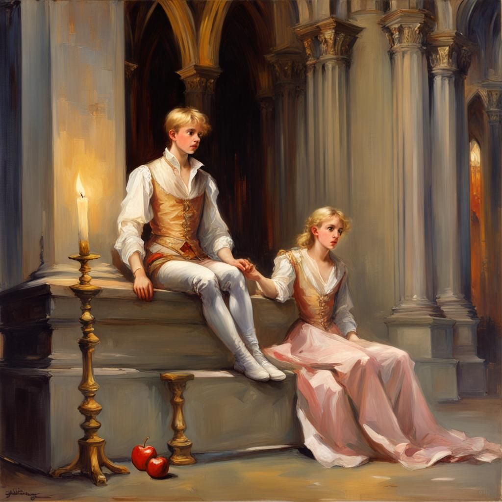 Anguished Blonde Prince in Gothic Cathedral Painting