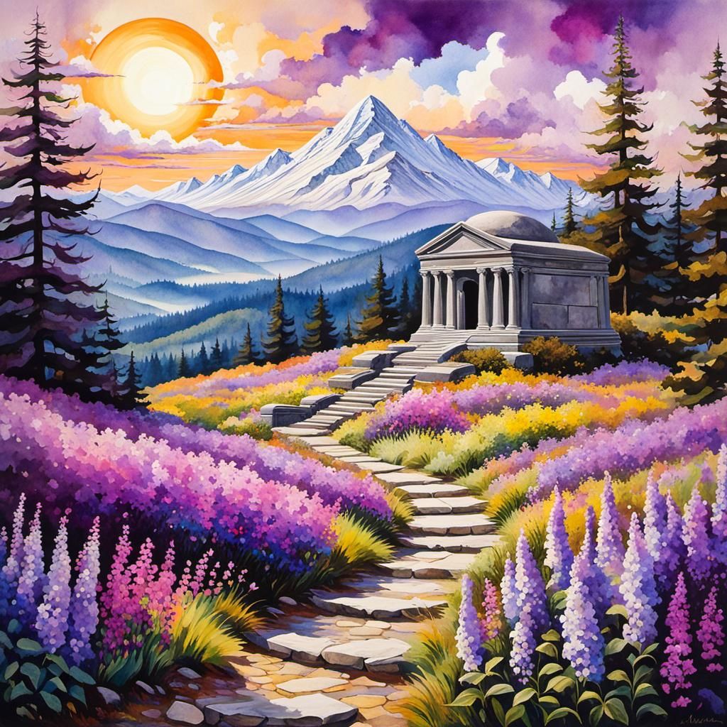 Romantic Horror Landscape with Mausoleums, Oil and Watercolo...