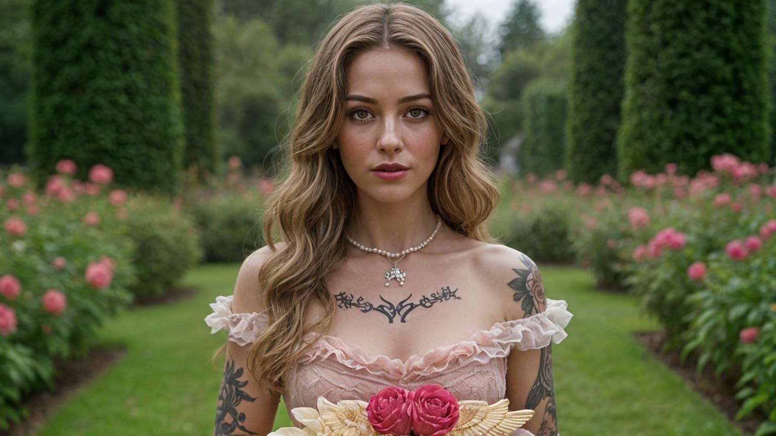 Woman in Pink Gown at Versailles Gardens