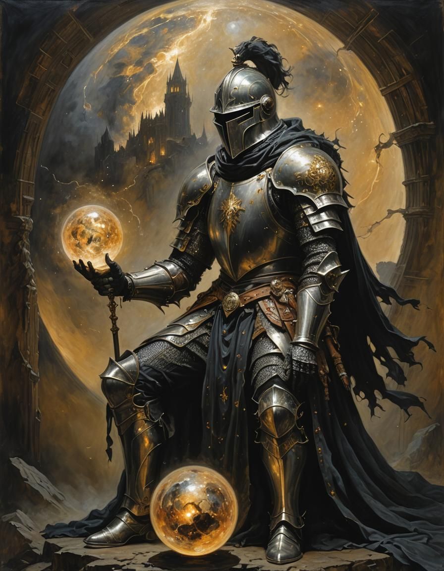 Dark Knight with Universe Orb, Impressionistic Oil Painting