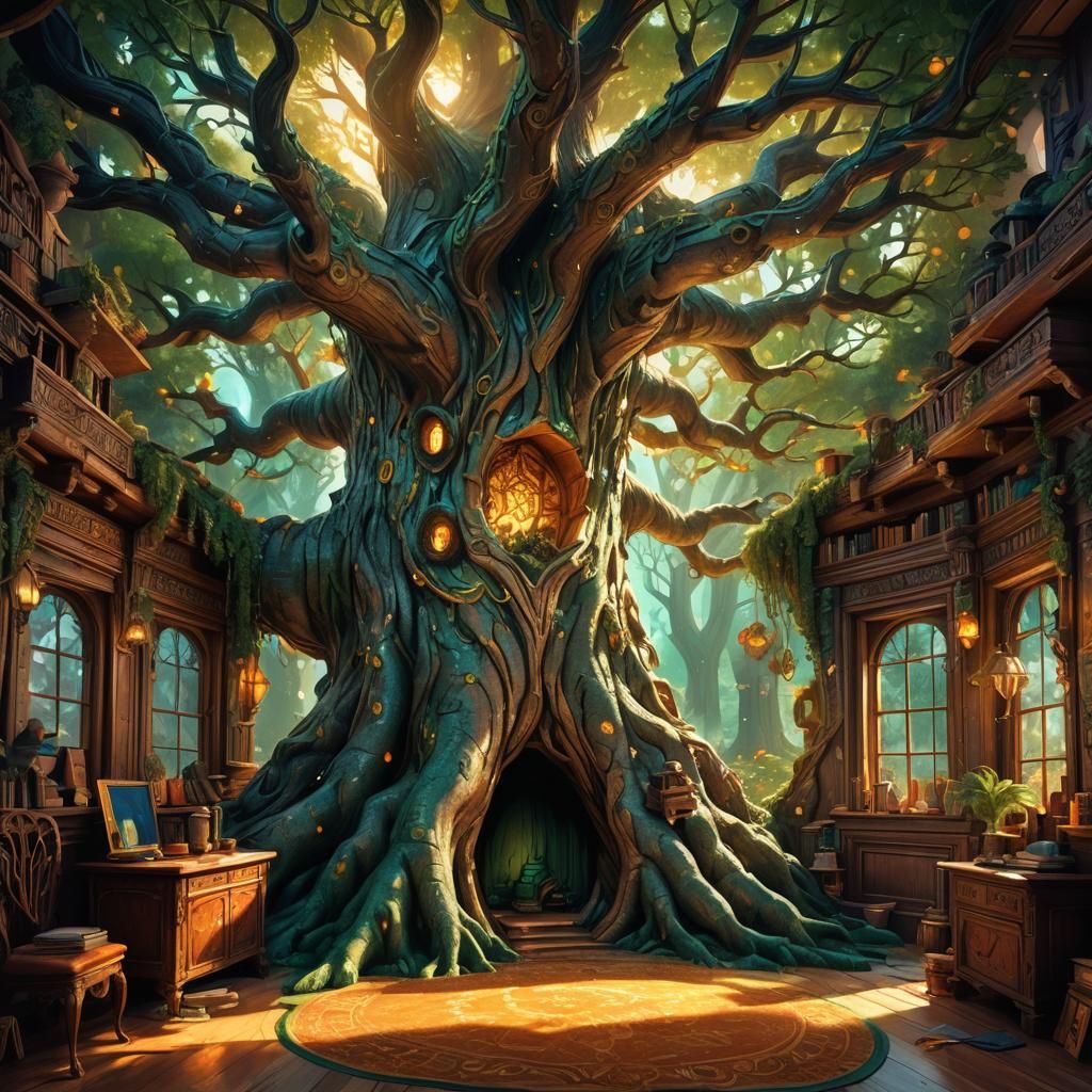 Cozy Tree Room in Emerald and Gold Hues