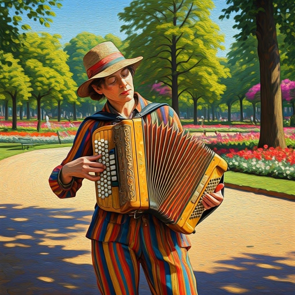 Vibrant Musician in Lush Park, Inspired by Post-Impressionis...