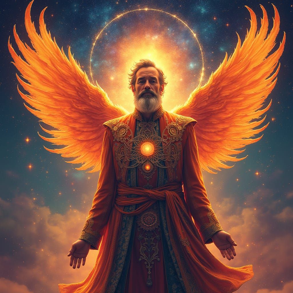 Man Embodies Rebirth in Cosmic Holographic Art