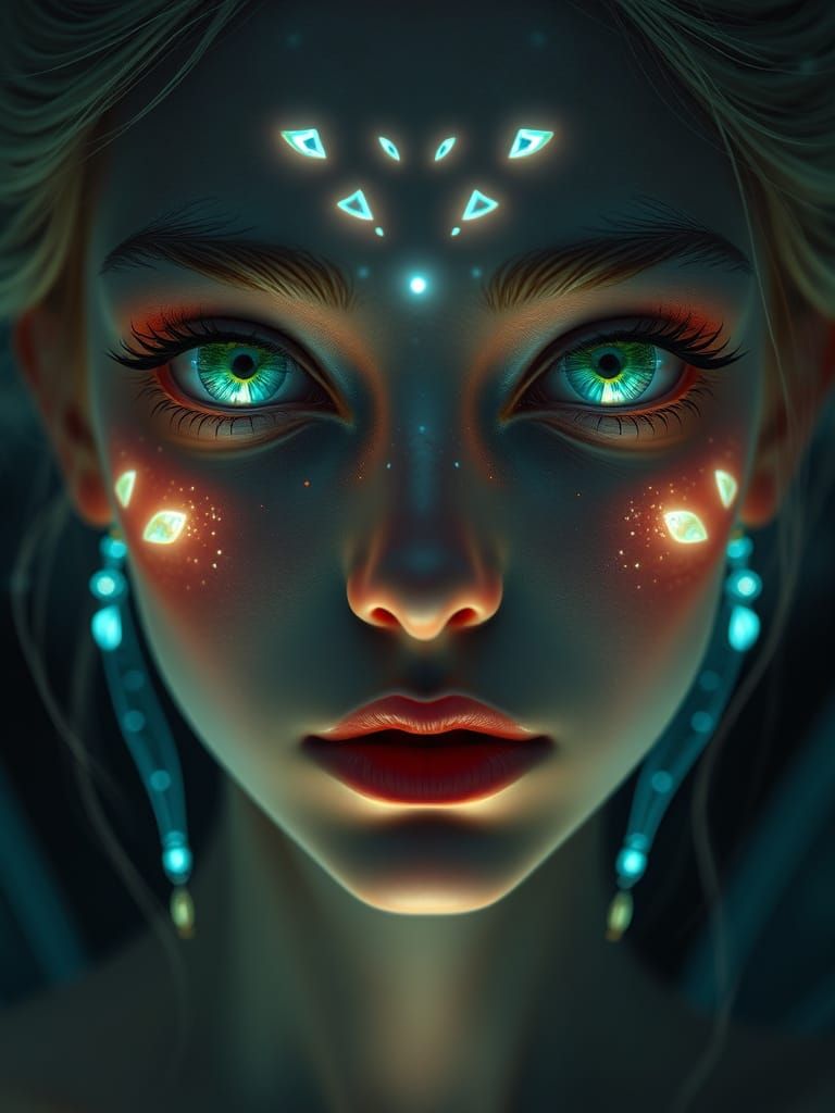 Ethereal Fairy Portrait with Bioluminescent Eyes in Mystic A...