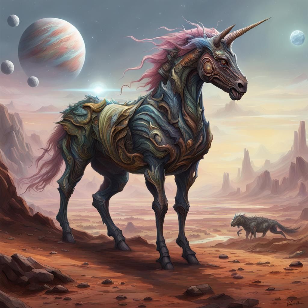 Alien Exoplanet with Dragon Unicorn Pegasus
