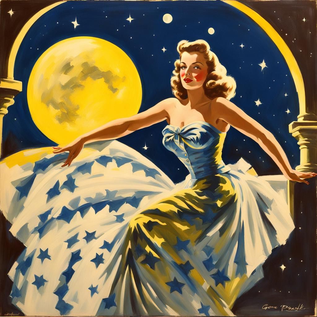 1940s Pinup Queen of the Night in Yellow and Blue