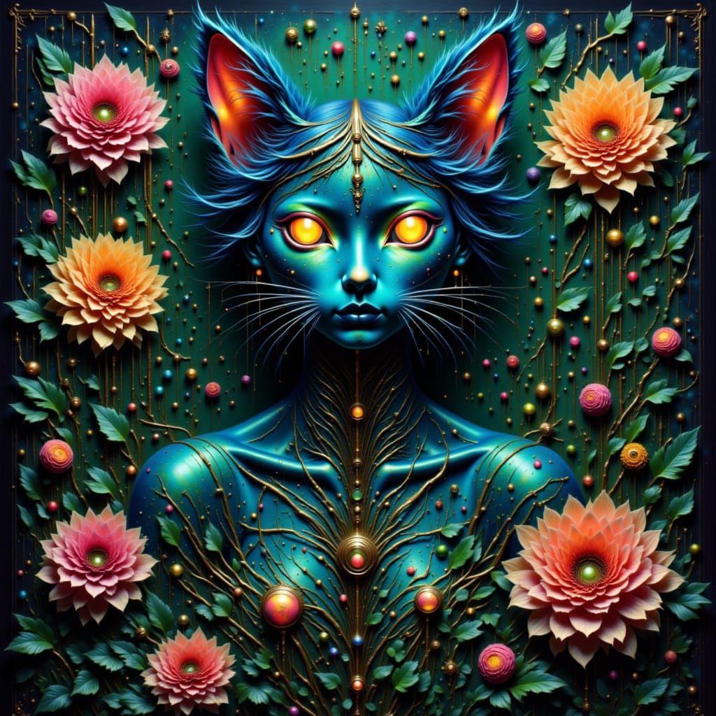 Mystical Iridescent Cat Surrounded by Flowers
