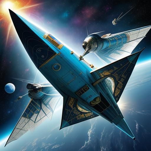 Surreal Rocket with Solar Sails in Space