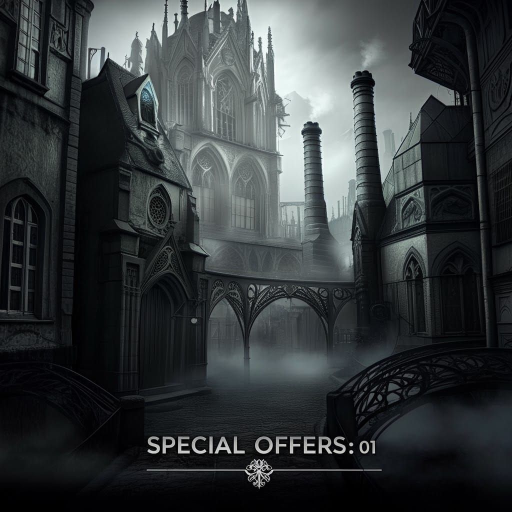 Gothic Cityscape with 'Special Offers' Typography