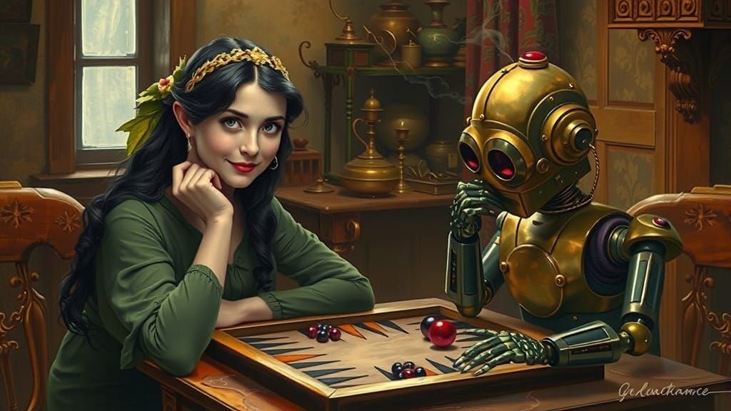 Victorian Fairy Plays Backgammon With Robot in Kitchen