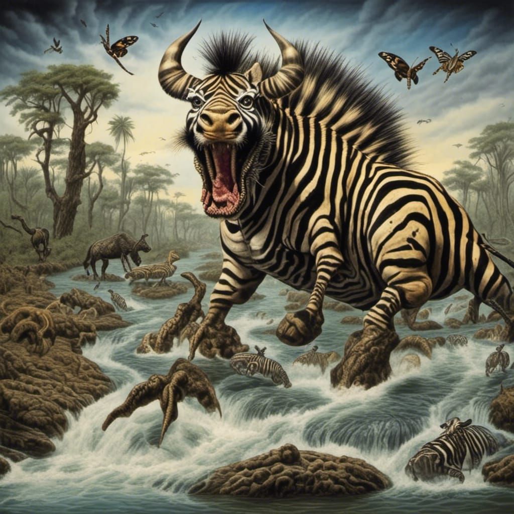 Wildebeest's Perilous River Crossing: Death Metal Art