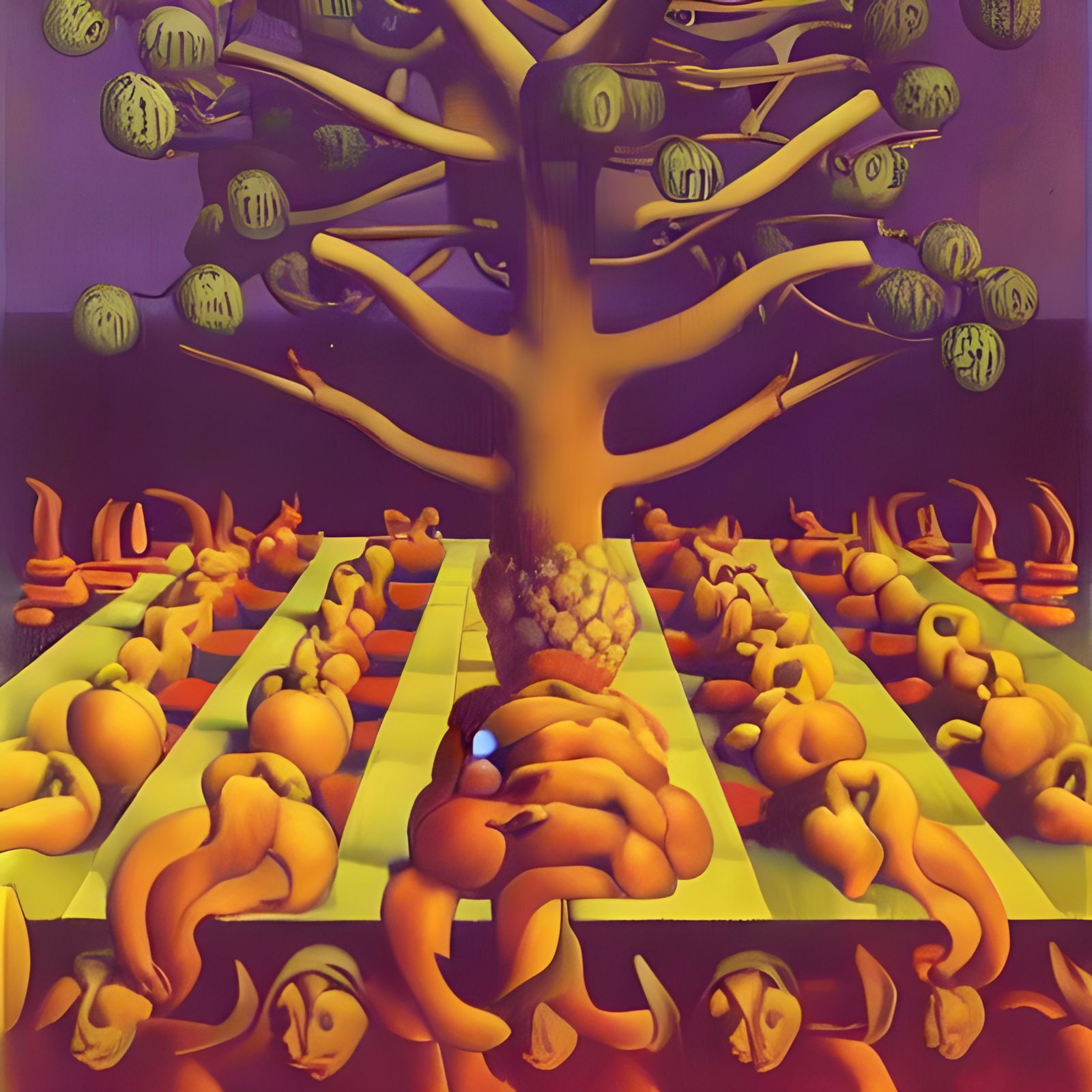 Surreal Dream Tree with Grapes and Chess