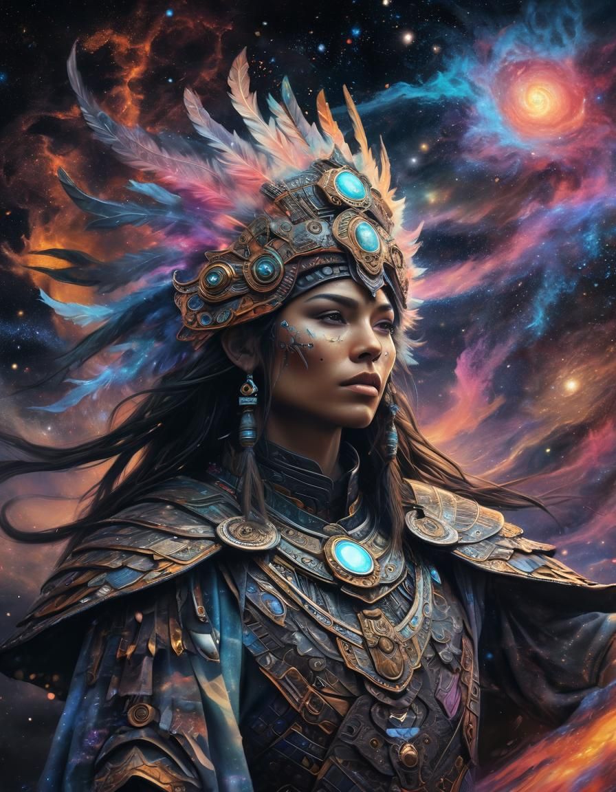 Nebular Shaman Warrior in Cosmic Neon Art
