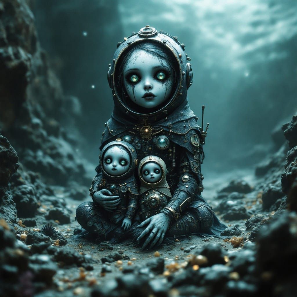 Steampunk Matryoshka Surrounded by Dark Ocean Depths