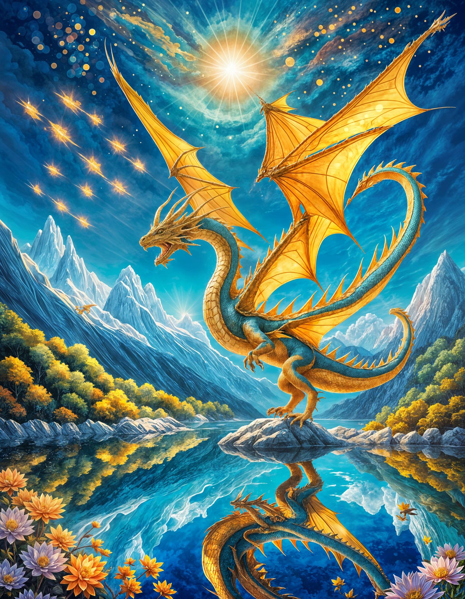 Majestic Dragon Over Mystical Lake, Fantasy Art