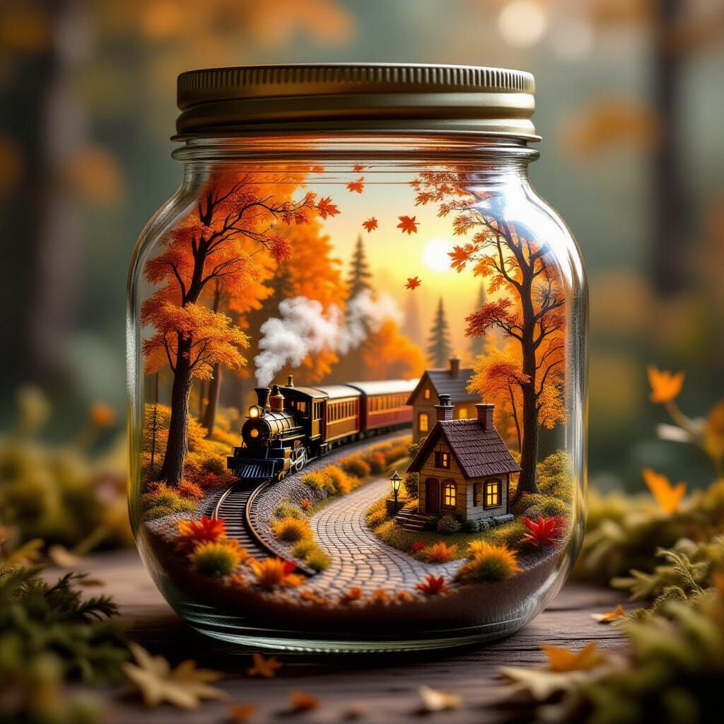 Miniature Autumn World in a Jar, Macro Photography Style
