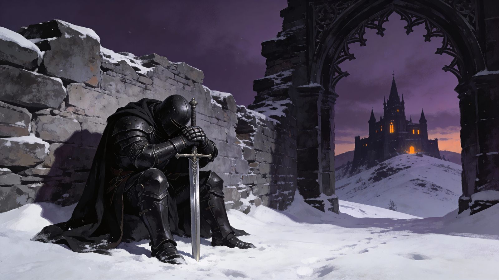 Dark Fantasy Knight Rests by Ruined Archway