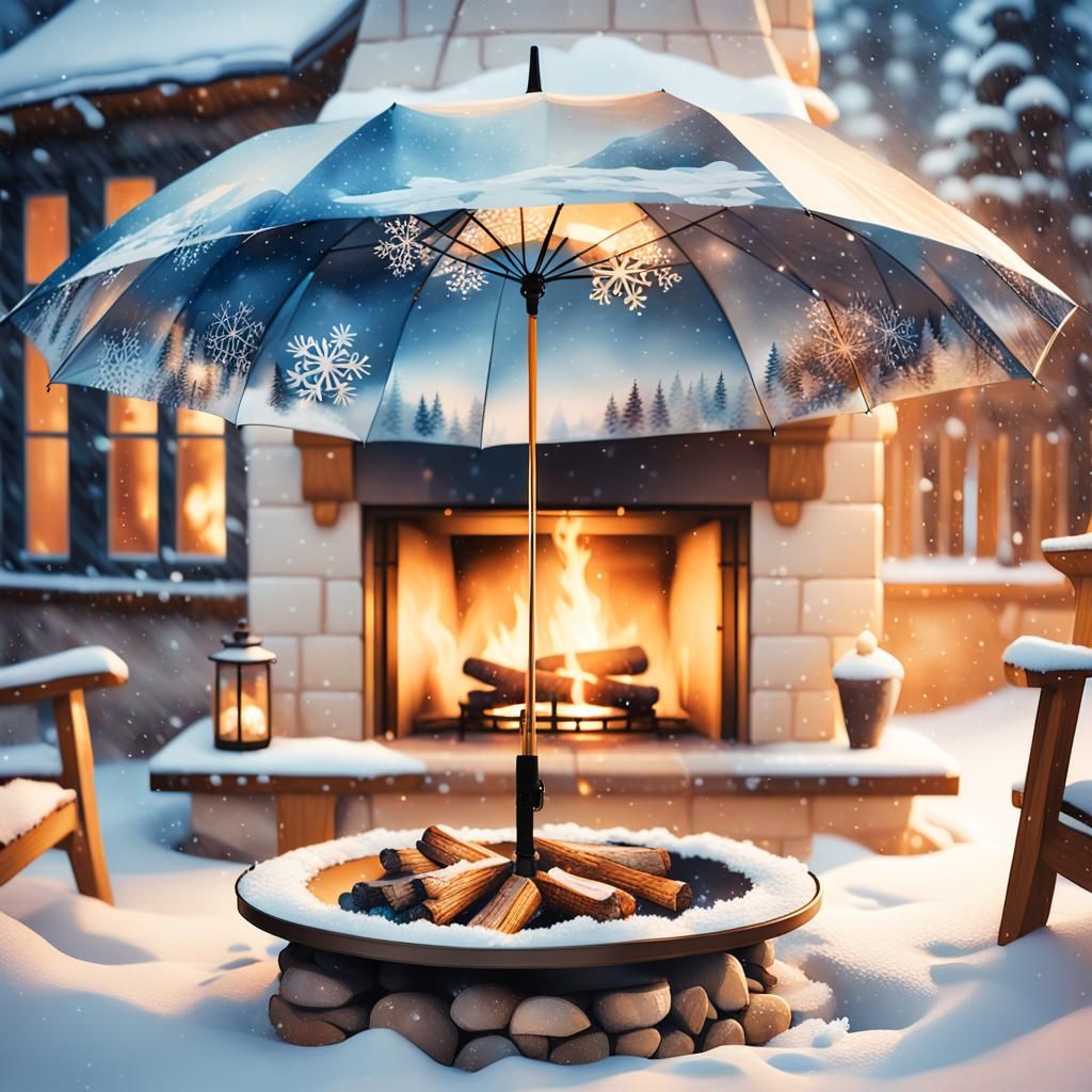 Whimsical Winter Scene with Cozy Fireplace
