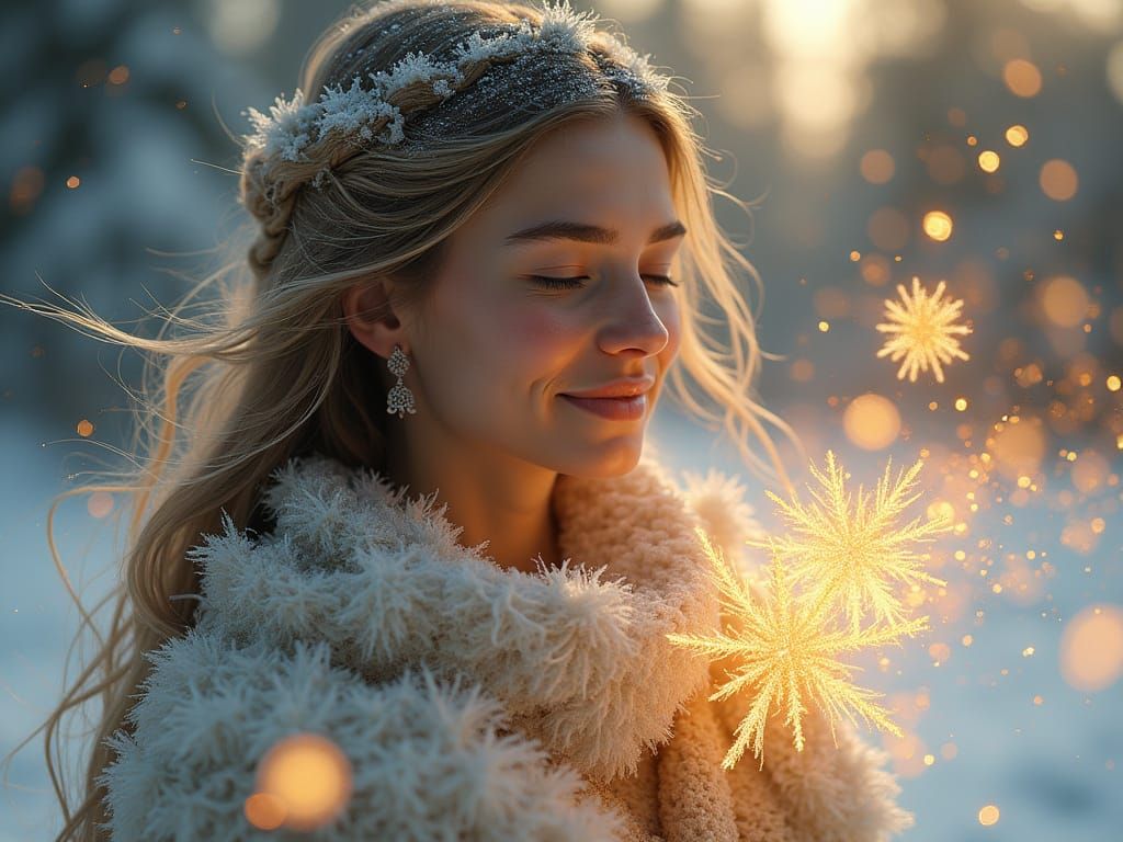 Ethereal Lady in Golden Snowscape, Inspired by Lee Bogle