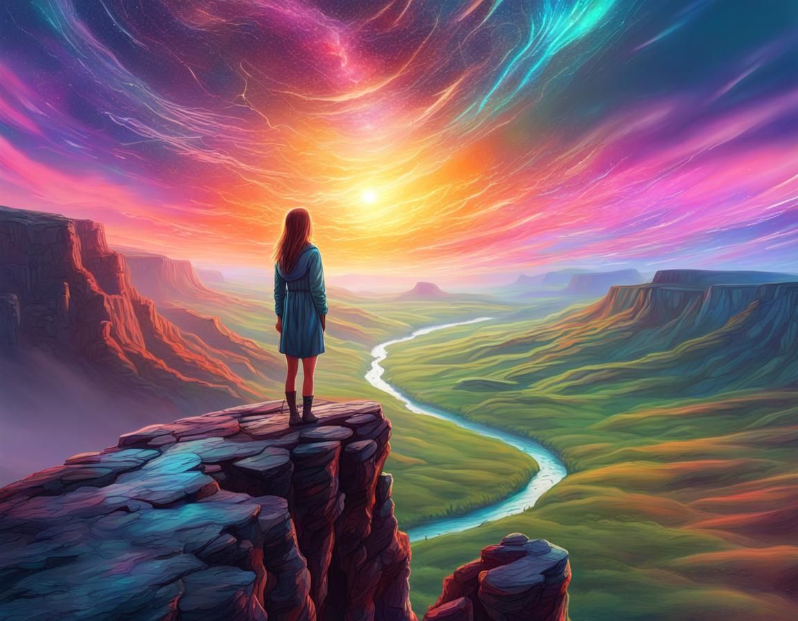 Girl at Sunset Overlooking Valley in Cosmic Illustration